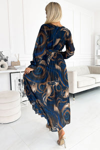 Elegant Peacock Pattern Navy & Gold Full Length Dress