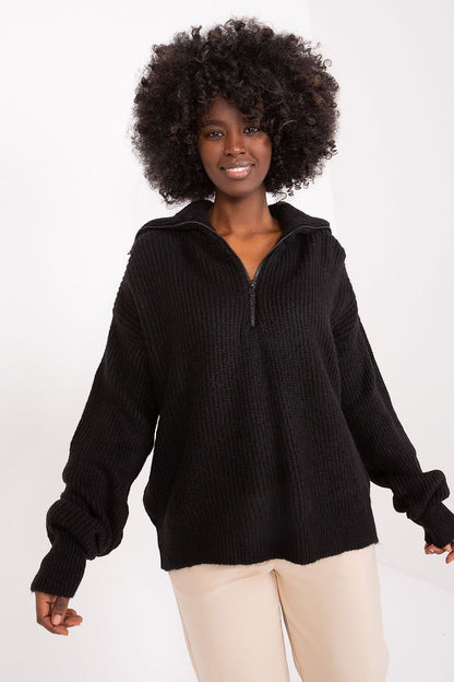 Cozy black turtleneck pullover with voluminous curly hairstyle