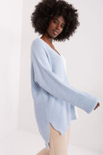 Load image into Gallery viewer, Light blue lightweight ribbed knit Badu jumper featuring flared sleeves and a relaxed silhouette for a casual, comfortable look.