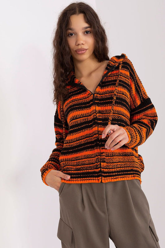 Striped multicolored knit cardigan with a collared neckline worn by a young woman with long, dark curly hair against a plain background.