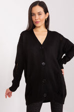 Load image into Gallery viewer, Cozy black Badu cardigan with button-up closure, long sleeves, and ribbed cuffs for a comfortable, stylish look.