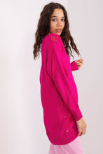 Load image into Gallery viewer, Stylish fuchsia pink cardigan with ribbed cuffs and hem, worn by a young woman with long curly brown hair against a plain white background.