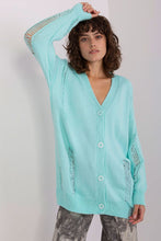 Load image into Gallery viewer, Lightweight mint green cardigan with button-up closure and long sleeves, worn by a young woman with curly dark hair.