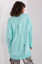 Load image into Gallery viewer, Cozy mint green oversized cardigan with distressed detailing along the sleeves and back