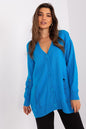 Cozy blue cardigan with button-up design, featuring a relaxed, oversized silhouette for a comfortable, stylish look.