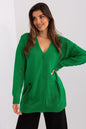 Stylish green Badu brand cardigan with deep v-neck and button detailing, worn by a smiling young woman with long brown hair.