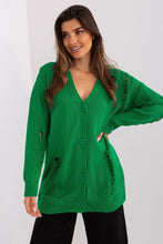 Load image into Gallery viewer, Stylish green Badu brand cardigan with deep v-neck and button detailing, worn by a smiling young woman with long brown hair.