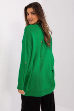 Load image into Gallery viewer, Green knit cardigan with round buttons on the front, worn by a smiling young woman with long brunette hair.