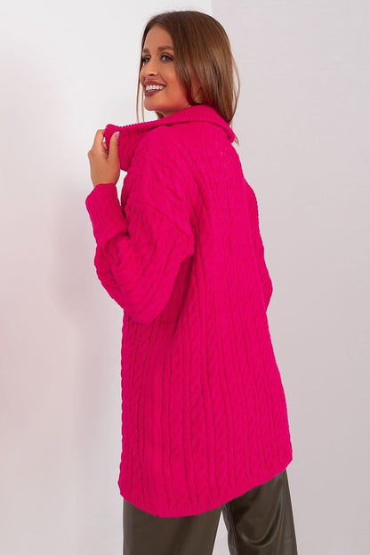 Elegant fuchsia pink cocoon cardigan by Badu, featuring a soft, textured knit design and a cozy, oversized fit.