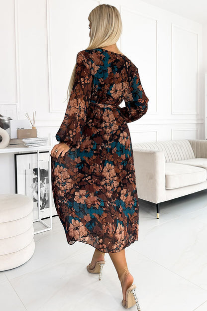 Elegant Floral Print Navy and Gold Midi Dress