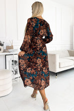 Load image into Gallery viewer, Elegant Floral Print Navy and Gold Midi Dress