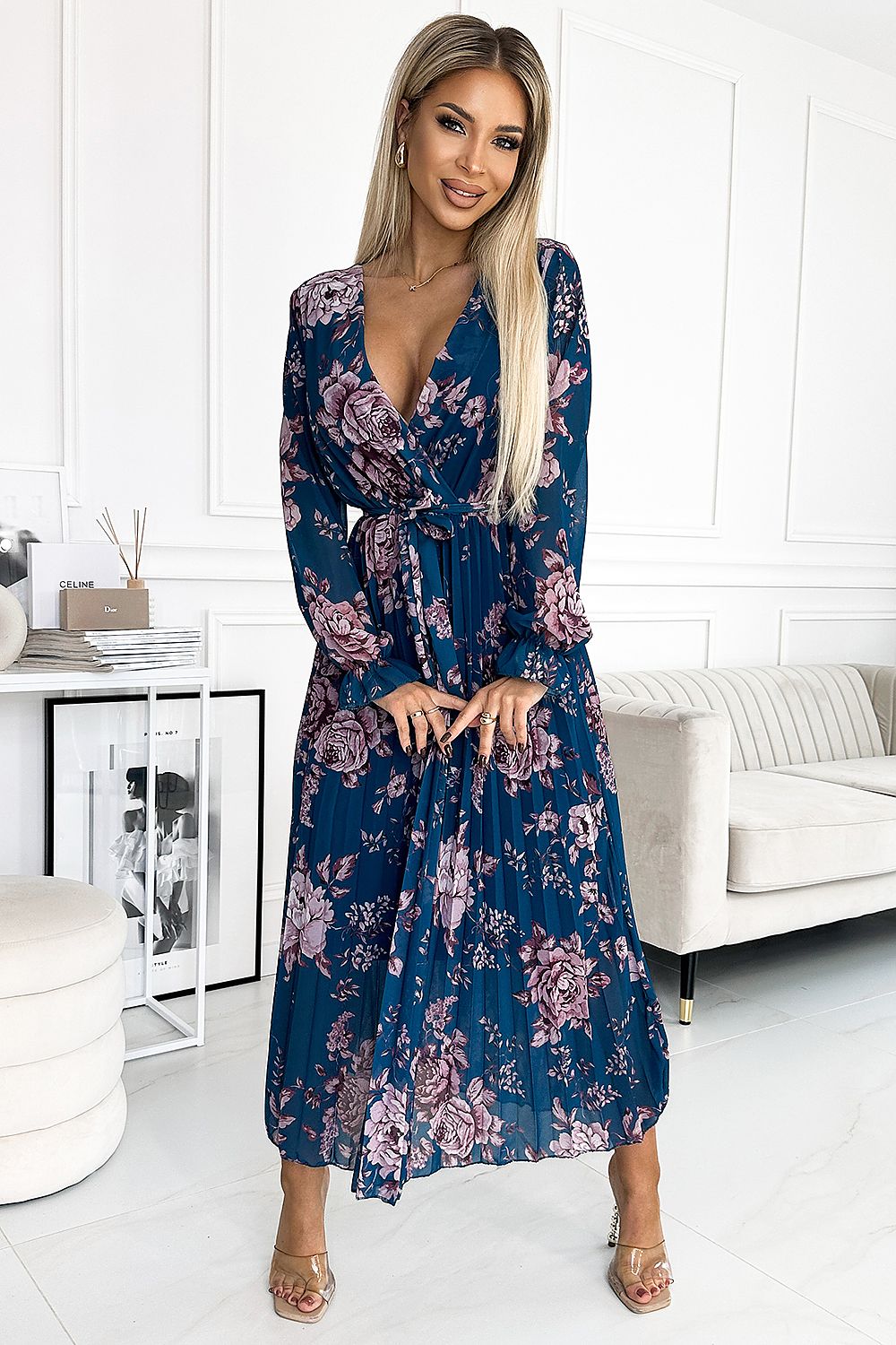 Elegant Peacock Pattern Navy & Gold Full Length Dress