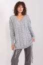 Elegant Knit Sweater Dress by Badu: Cozy grey cable-knit V-neck sweater dress with loose, flowing design.