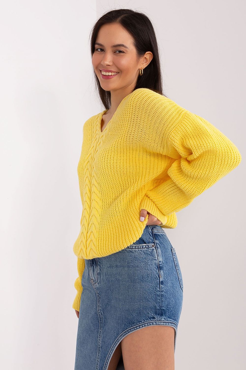 Radiant Yellow Cropped Knit Sweater by Badu - Stylish and vibrant hand-crafted knitwear with intricate cable pattern accenting a cozy, bright yellow look.