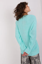 Load image into Gallery viewer, Turquoise knit oversized sweater with cozy texture, worn by a person with curly brown hair against a white background.