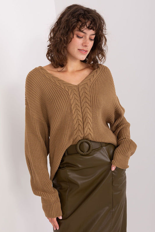 Sophisticated Camel Knit Sweater by Badu - Intricate cable knit pattern, cozy v-neck design, long sleeves, warm and stylish fashion item.