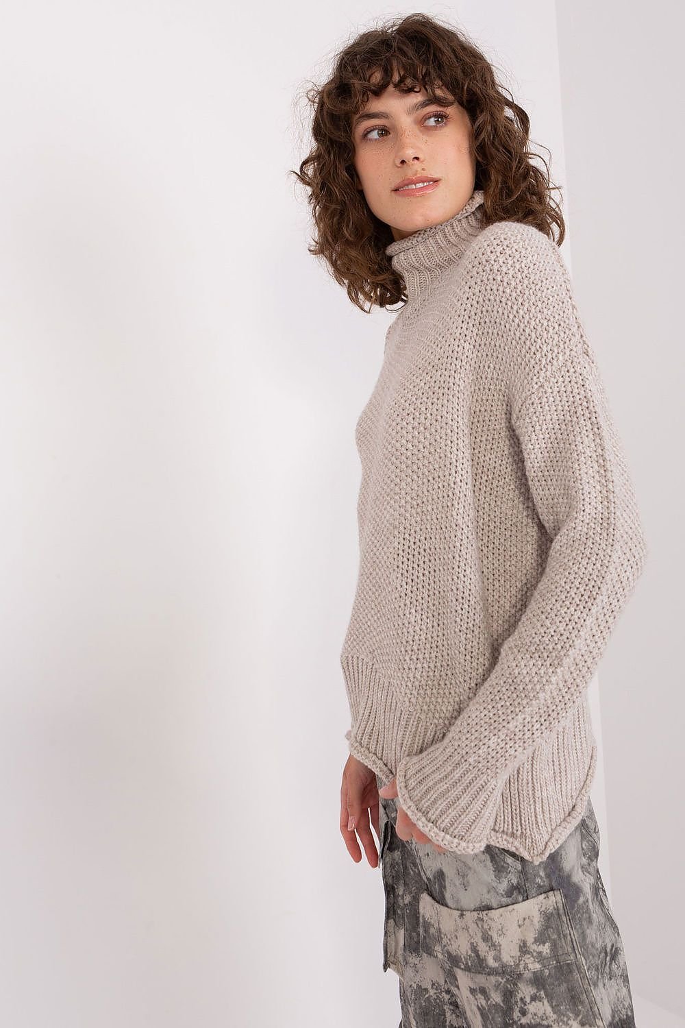 Cozy Chic Women's Turtleneck Sweater by Badu - Soft knitted turtleneck sweater in neutral beige tone, featuring a comfortable and stylish design for the fashion-conscious woman.