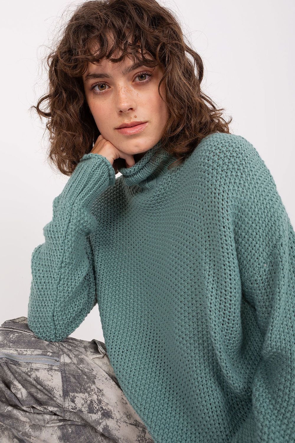 Cozy Chic Women's Turtleneck Sweater by Badu - Soft, textured knit in a warm, earthy green hue.