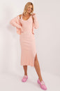 Stylish ribbed coral dress with puff sleeves and thigh-high slit