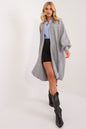 Elegant grey longline robe coat with tie belt, paired with a casual blue blouse and black mini skirt, creating a chic, contemporary look.