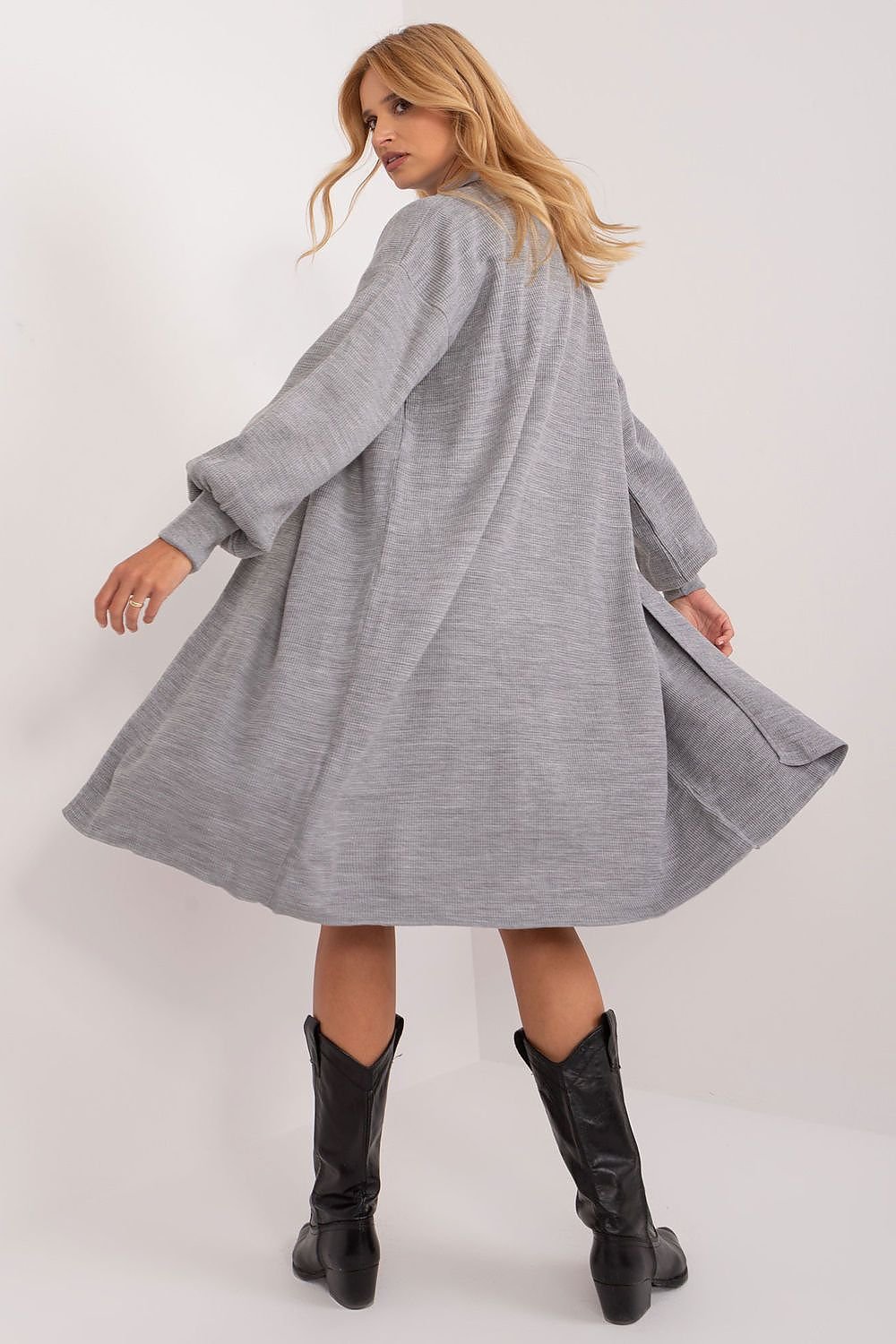 Light grey longline robe coat with tie belt, worn by a woman with long blonde hair in a casual, stylish fashion setting.