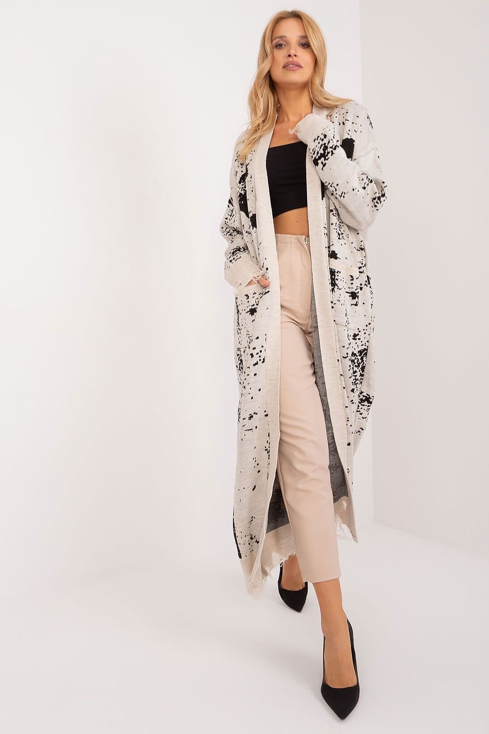 Elegant Floral Jacquard Maxi Cardigan in neutral tones, worn by model with long blonde hair against a plain white background.