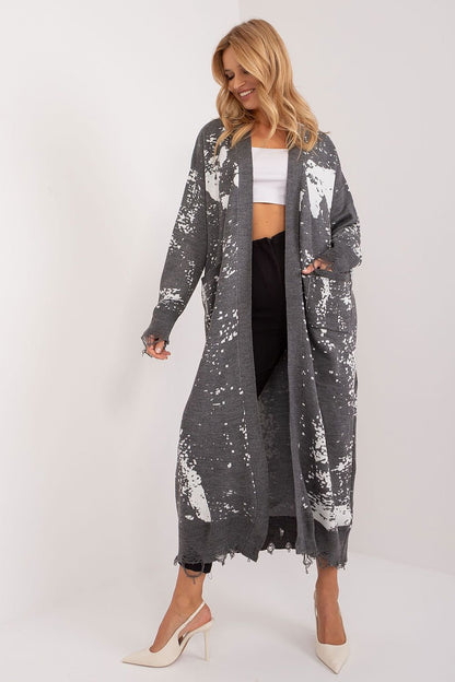 Elegant Floral Jacquard Maxi Cardigan by Badu, featuring a long, flowing design with a patterned floral print in soft gray tones.