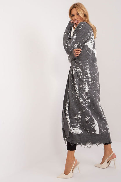 Elegant Floral Jacquard Maxi Cardigan by Badu, featuring a long, flowing design in a grey and white color palette.