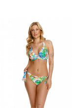 Load image into Gallery viewer, Tropical floral-print bikini with halter neckline and low-rise bottoms on a young woman with blond wavy hair and visible tattoos.