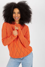 Load image into Gallery viewer, Cozy chenille emerald crewneck sweater by Badu, featuring a vibrant orange color and intricate diamond pattern knit.