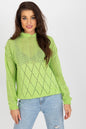 Cozy chenille emerald crewneck sweater with intricate diamond knit pattern, worn by a smiling young woman with long brown hair.