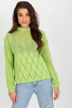 Load image into Gallery viewer, Cozy chenille emerald crewneck sweater with intricate diamond knit pattern, worn by a smiling young woman with long brown hair.