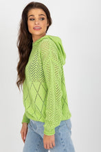 Load image into Gallery viewer, Cozy Chenille Emerald Crewneck Sweater by Badu brand, featuring a vibrant green knitted design with intricate diamond patterns, worn by a young woman with long dark hair posing in the image.