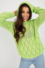 Load image into Gallery viewer, Cozy Chenille Emerald Crewneck Sweater by Badu
A vibrant green knit sweater with intricate diamond patterns, featuring a smiling woman with long brown hair against a plain white background.