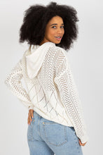 Load image into Gallery viewer, Cozy crocheted ivory sweater with intricate patterns, worn by a smiling woman with curly dark hair.