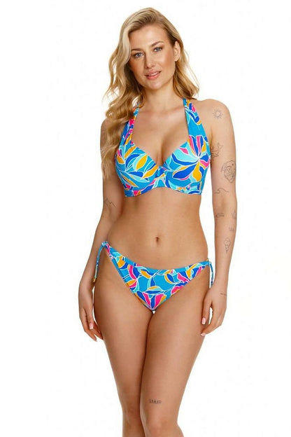 Colorful floral pattern swimsuit with halter top, featuring a model with blonde wavy hair posing in the image.