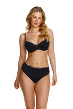 Load image into Gallery viewer, Elegant black and floral swimwear set with supportive underwire bra and coordinating high-waisted bottoms, perfect for the pool or beach.