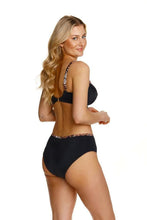 Load image into Gallery viewer, Stylish black swimwear with leopard print accents worn by a young, fit female model with long, wavy blonde hair.