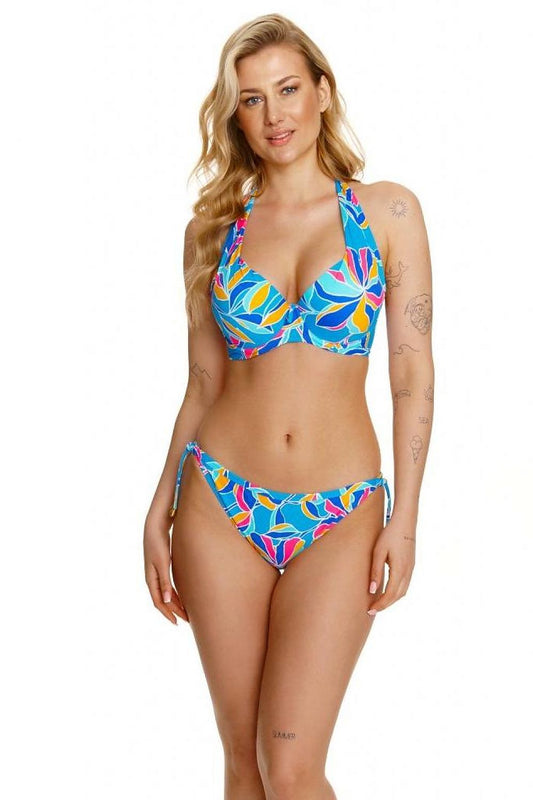 Colorful printed underwire swimming bra from Lupo Line brand, worn by a woman with blond hair and tattoos against a white background.