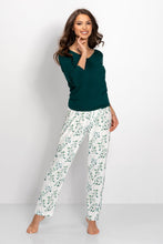 Load image into Gallery viewer, Elegant green sweater and printed pajama pants worn by a smiling woman in white background