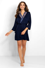 Load image into Gallery viewer, Soft, plush navy blue bathrobe with delicate lace trim and belt, perfect for relaxing at home or as a stylish cover-up.