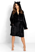 Load image into Gallery viewer, Cozy black plush robe with bear ears, modern woman&#39;s sleepwear for relaxation, elegant loungewear design.