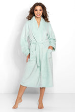 Load image into Gallery viewer, Plush mint-colored bathrobe with a cozy shawl collar, worn by a smiling woman against a plain white background.