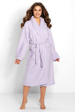 Load image into Gallery viewer, Soft lavender bathrobe with long, wavy hair in the image. The cozy bathrobe features a plush, absorbent material and a tied belt for a comfortable, relaxed fit. The model&#39;s inviting smile and relaxed pose suggest the high quality and luxurious feel of the Momenti Per Me bathrobe.