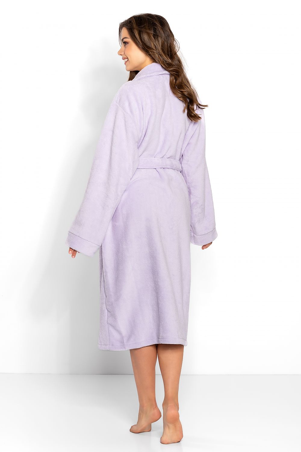 Cozy lavender bathrobe with a plush, soft fabric, perfect for relaxation and self-care.