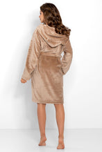 Load image into Gallery viewer, Plush beige hooded bathrobe with cozy soft fabric, ideal for relaxing at home or after a warm bath.