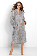 Load image into Gallery viewer, Soft gray bathrobe with allover printed hearts, plush and cozy robe with belted waist for relaxing comfort.