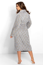 Load image into Gallery viewer, Soft, plush gray bathrobe with allover leopard print pattern, ideal for lounging and relaxation.