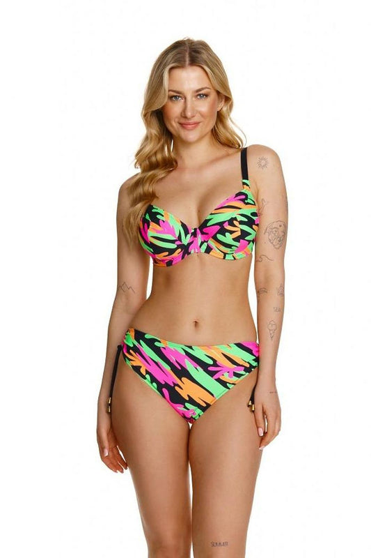 Tropical-Print Bikini Set by Lupo Line - Vibrant, colorful tropical print adorns this stylish two-piece swimsuit, featuring a supportive underwire bra top and matching high-waisted bottoms for a flattering fit.