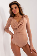 Load image into Gallery viewer, Elegant velvet plunge bodysuit with flattering drape and long sleeves